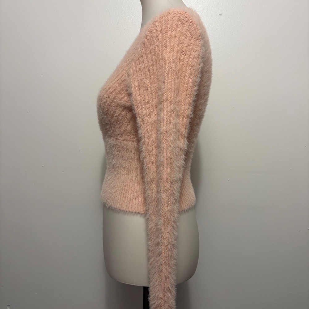 Becool Fuzzy Eyelash Knit Cropped Sweater S/M Peach Pink Surplice V-Neck - Picture 4 of 8